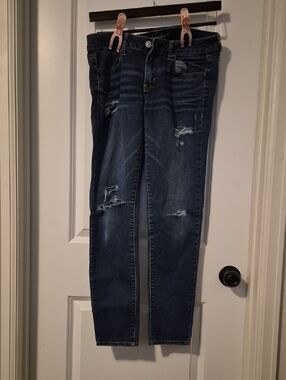 American Eagle Outfitters Dark Blue Distressed Straight Leg Jeans